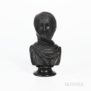 Wedgwood Black Basalt Bust of Vestal, England, late 19th/early 20th century, mounted atop a waisted circular socle, impressed title and