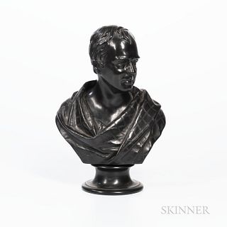 Wedgwood Black Basalt Bust of Sir Walter Scott, England, late 19th/early 20th century, mounted atop a waisted circular socle, impressed