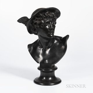 Wedgwood Black Basalt Bust of Mercury, England, 19th century, mounted atop a waisted circular socle, impressed mark, ht. 18 1/2 in.