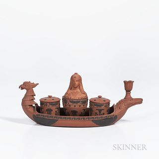 Wedgwood Egyptian Rosso Antico Ink Boat, England, early 19th century, oval tray with crocodile and phoenix head supporting two cylindri