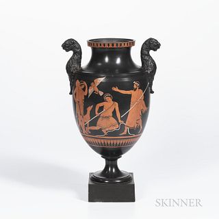 Encaustic Decorated Black Basalt Vase, England, c. 1780, leopard-head handles, iron red, black, and white figures, mounted atop a squar