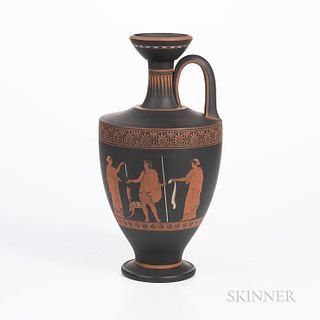 Encaustic Decorated Black Basalt Vase, England, 19th century, attributed to Wedgwood, with side handle, iron-red, black, and white figu