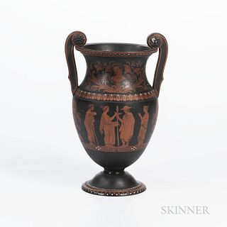 Encaustic Decorated Black Basalt Vase, England, 19th century, scrolled handles with florets at terminal, iron red, black and white with