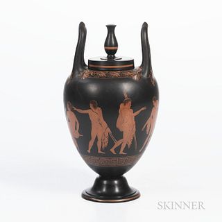 Wedgwood Encaustic Decorated Black Basalt Vase and Cover, England, 19th century, urn finial and upturned loop handles, iron red, black