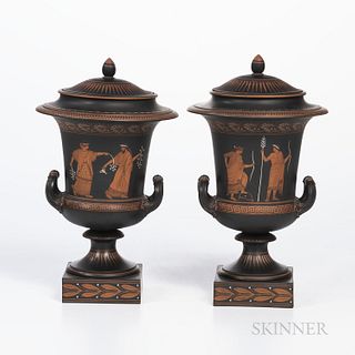Pair of Wedgwood Encaustic Decorated Black Vases and Covers, England, 19th century, campana shapes with iron red, black and white figur