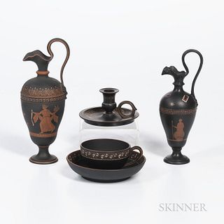 Four Wedgwood Encaustic Decorated Black Basalt Items, England, late 18th and 19th century, each in iron red and white, an upper-lower c