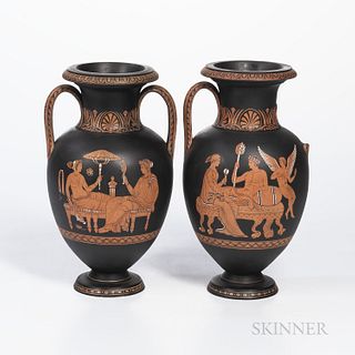 Pair of Wedgwood Encaustic Decorated Black Basalt Vases, England, early 19th century, each with iron red, black, and white figures to o