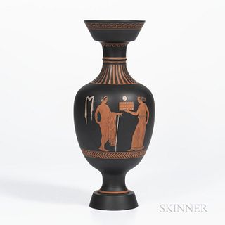 Wedgwood Encaustic Decorated Black Basalt Vase, England, 19th century, iron red, black, and white with figures to one side, impressed m