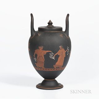 Wedgwood Encaustic Decorated Black Basalt Vase and Cover, England, 19th century, upturned loop handles, iron red, black, and white, wit
