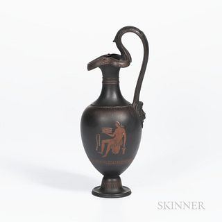 Wedgwood Encaustic Decorated Black Basalt Oenochoe Ewer, England, 19th century, scrolled handle terminating at a mask, iron red, black,