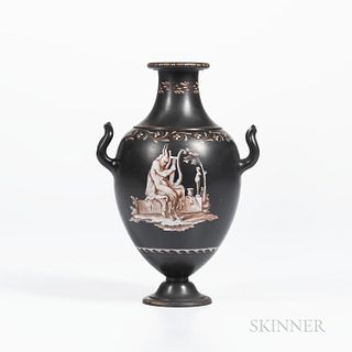 Wedgwood Encaustic Decorated Black Basalt Vase, England, 19th century, upturned loop handles, iron red and white bottle shape with saty