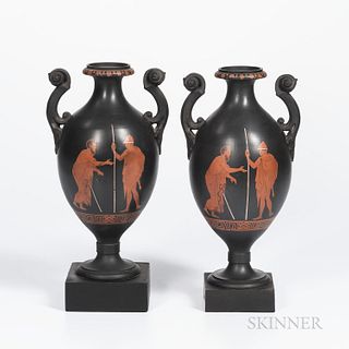 Pair of Encaustic Decorated Black Basalt Vases, England, 19th century, ovoid shapes with scrolled foliate handles, each iron red, black