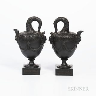 Two Black Basalt Stella Fishtail Ewers, England, c. 1780, possibly non-factory, non-period, each modeled with scales to fish tail handl