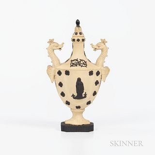 Eastwood Caneware Vase and Cover, England, early 19th century, crowned dragon handles to a bottle shape with applied black basalt figur