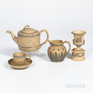 Four Wedgwood Caneware Items, England, 18th and 19th century, two with blue enamel encaustic decoration and simulated bamboo, a covered