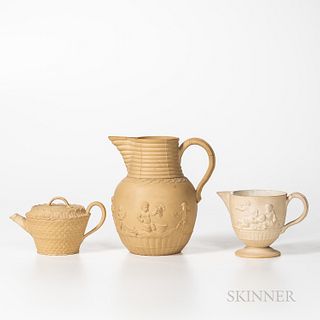 Three Wedgwood Caneware Items, England, late 18th and early 19th century, upper-lower case marked jug with Bacchanalian Boys, ht. 6 3/4