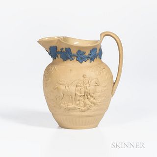 Turner Caneware Hunt Jug, England, early 19th century, trefoil spout with applied blue fruiting grapevine to the neck, impressed mark,
