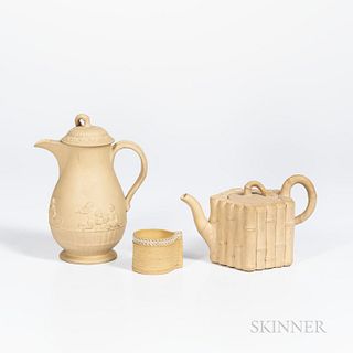 Three Caneware Items, England, 18th/19th century, a marked Wedgwood & Bentley five-sided bamboo teapot and cover, lg. 7 1/2; and two un