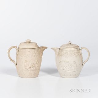Two Turner White Stoneware Jugs and Covers, England, c.1800, each barrel shape with relief of children playing bordered by arabesque an
