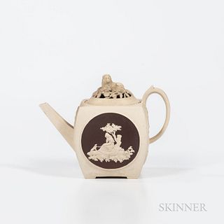 Turner White Stoneware Teapot and Cover, England, c. 1800, lion finial to a pierced cover, bulbous square shape with brown ground carto
