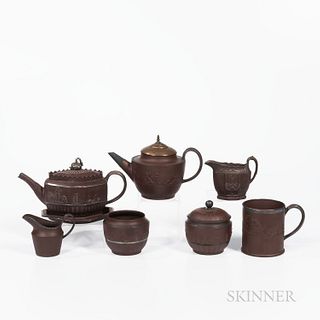 Eight S. Hollins Brown Stoneware Tea Wares, England, early 19th century, each with silvered rims, an octagonal shape teapot and cover w