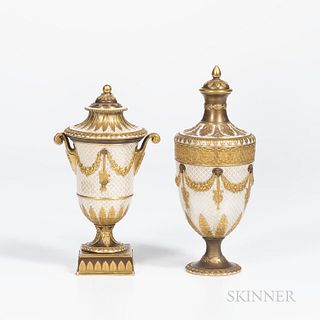 Two Wedgwood Gilded and Bronzed Queensware Vases and Covers, England, late 19th century, each with diapered ground, a bottle shape with