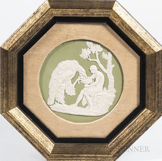 Wedgwood Green Jasper Dip Plaque, England, 19th century, circular shape with applied white relief depiction of Ganymede and the Eagle,