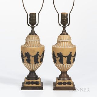Pair Wedgwood Yellow Jasper Dip Table Lamps, England, early 20th century, applied black Dancing Hours figures bordered with engine turn