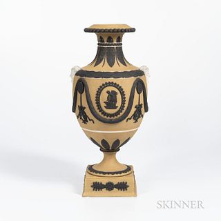 Wedgwood Yellow Jasper Dip Vase, England, early 20th century, applied black jasper relief with foliate borders, laurel and berry border