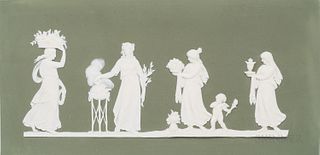 Wedgwood Green Jasper Dip Plaque, England, mid-19th century, rectangular shape with applied white relief depiction of Offering to Peace