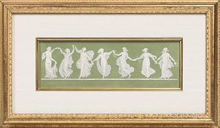 Wedgwood Green Jasper Dip Dancing Hours Plaque, England, mid-19th century, rectangular shape with applied white classical figures, impr