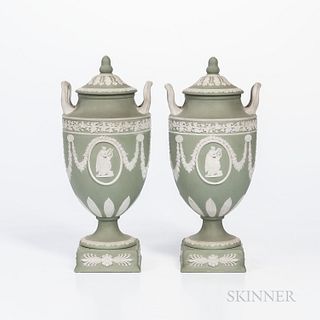 Pair of Wedgwood Green Jasper Dip Vases and Covers, England, early 20th century, applied white upturned loop handles and classical meda
