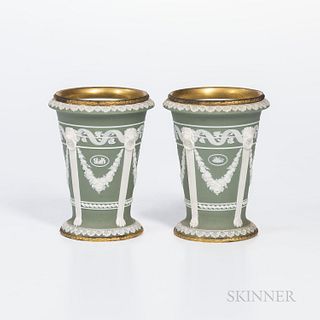 Pair of Brass-mounted Wedgwood Green Jasper Dip Vases, England, 19th century, each with applied white relief featuring medallions betwe