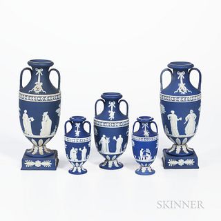 Five Wedgwood Dark Blue Jasper Dip Vases, England, late 19th/early 20th century, each with applied white classical figures in relief be