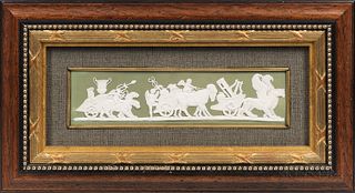 Wedgwood Green Jasper Dip Plaque, England, mid-19th century, rectangular shape with applied white depiction of Bringing Home the Spoils