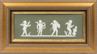 Wedgwood Green Jasper Dip Plaque, England, mid-19th century, rectangular shape with applied white relief depiction of the Four Seasons,