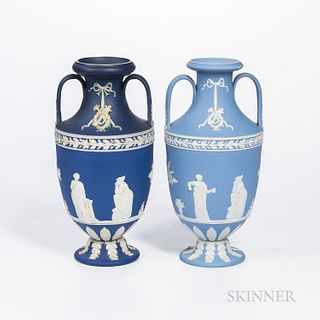 Two Wedgwood Jasper Dip Vases, England, early 20th century, each with applied white classical figures below a laurel and berry band and