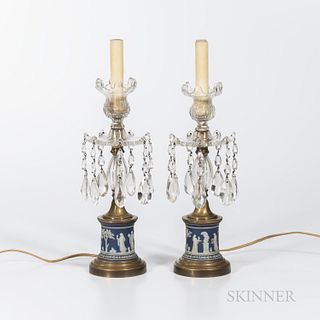 Pair of Wedgwood Dark Blue Jasper Dip Table Lamps, England, 19th century, each drum with applied white classical figures in relief, set