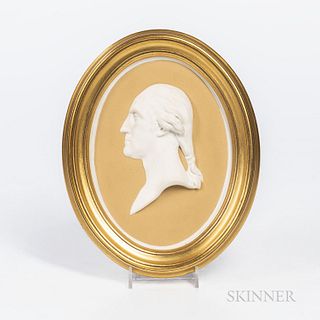 Wedgwood Yellow Jasper Dip Portrait Plaque of Washington, England, c. 1927, possibly by Bert Bentley, white relief depiction and raised