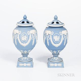 Pair of Wedgwood Solid Light Blue Jasper Potpourri Vases and Covers, England, early 20th century, applied white classical medallions in