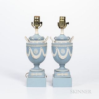Pair of Wedgwood Solid Light Blue Jasper Table Lamps, England, 19th century, applied white classical medallions in relief within draper