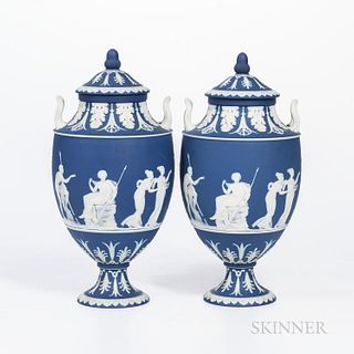 Pair of Wedgwood Dark Blue Jasper Dip Vases and Covers, England, 19th century, each with applied white classical figures in relief with