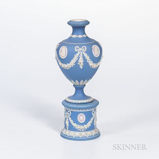 John Adams & Co. Tricolor Jasper Dip Vase on Drum Base, England, c. 1870, pink ground classical portrait medallions within applied whit