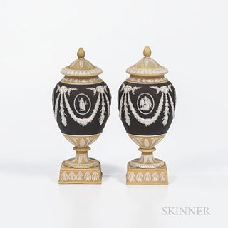 Pair of Wedgwood Tricolor Jasper Dip Vases and Covers, England, early 20th century, black ground center bordered with yellow and with a