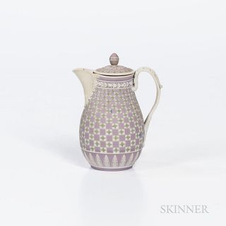 Wedgwood Tricolor Diceware Jasper Dip Creamer and Cover, England, late 18th century, pear shape with white to a lilac ground with green