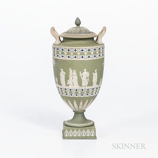 Wedgwood Tricolor Diceware Jasper Dip Vase and a Cover, England, 19th century, applied white relief to a green ground and with blue qua