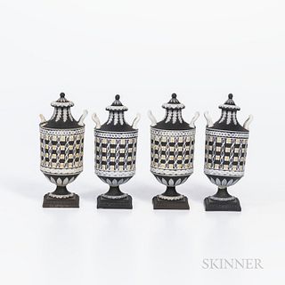Four Wedgwood Tricolor Diceware Jasper Dip Vases and Covers, England, 19th century, each with applied white relief to a black ground wi