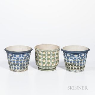 Three Wedgwood Tricolor Diceware Jasper Dip Plant Pots, England, each with applied white relief, two with canted sides and dark blue gr