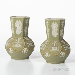 Pair of Wedgwood Tricolor Jasper Dip Vases, England, 19th century, hexagonal shape with green ground, yellow foliate festoons and white