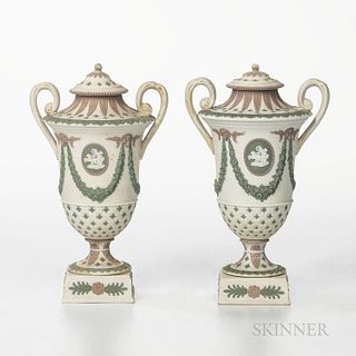 Pair of Wedgwood Tricolor Diceware Jasper Vases and Covers, England, mid-19th century, solid white with relief in lilac, green, and whi